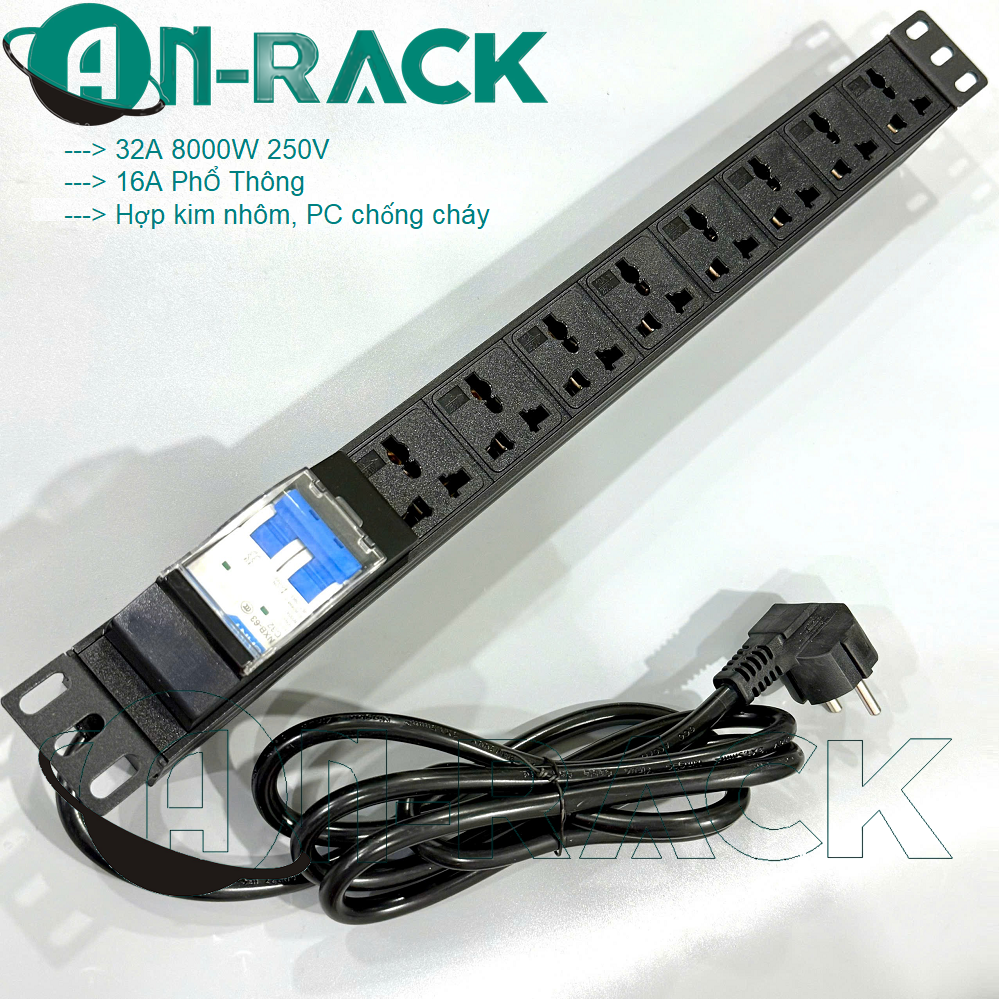 Sắn thanh nguồn PDU, ổ điện 12 ổ cắm đa năng 32A có kèm dây nguồn 2M hãng Ancomteck