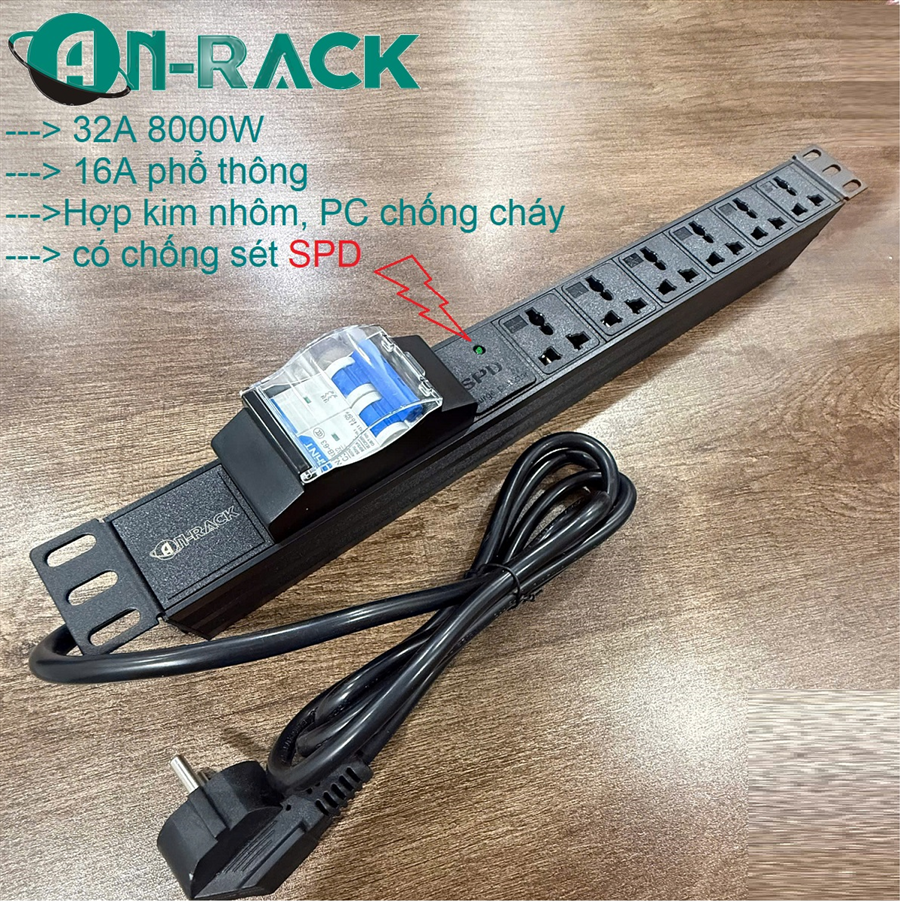 Ổ điện thanh nguồn chống sét PDU 6 cổng Hãng Anrack, có atomat 32A chống giật kèm dây nguồn 2M