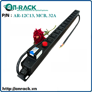 Ổ điện 12 cổng C13, MCB32A, chuẩn 19, 1U, dây điện 3 2.5mm2 hãng AnRack